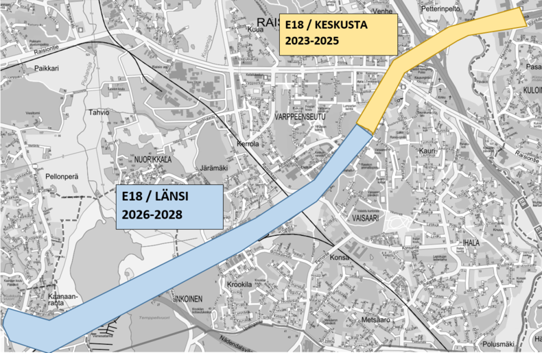 Raision kartalle on merkitty E18 Turun kehätien parantamisen alueet Raision keskustassa ja Naantali-Raisio-osuudella sekä toteuttamisajat. Sama tieto löytyy tekstistä.e