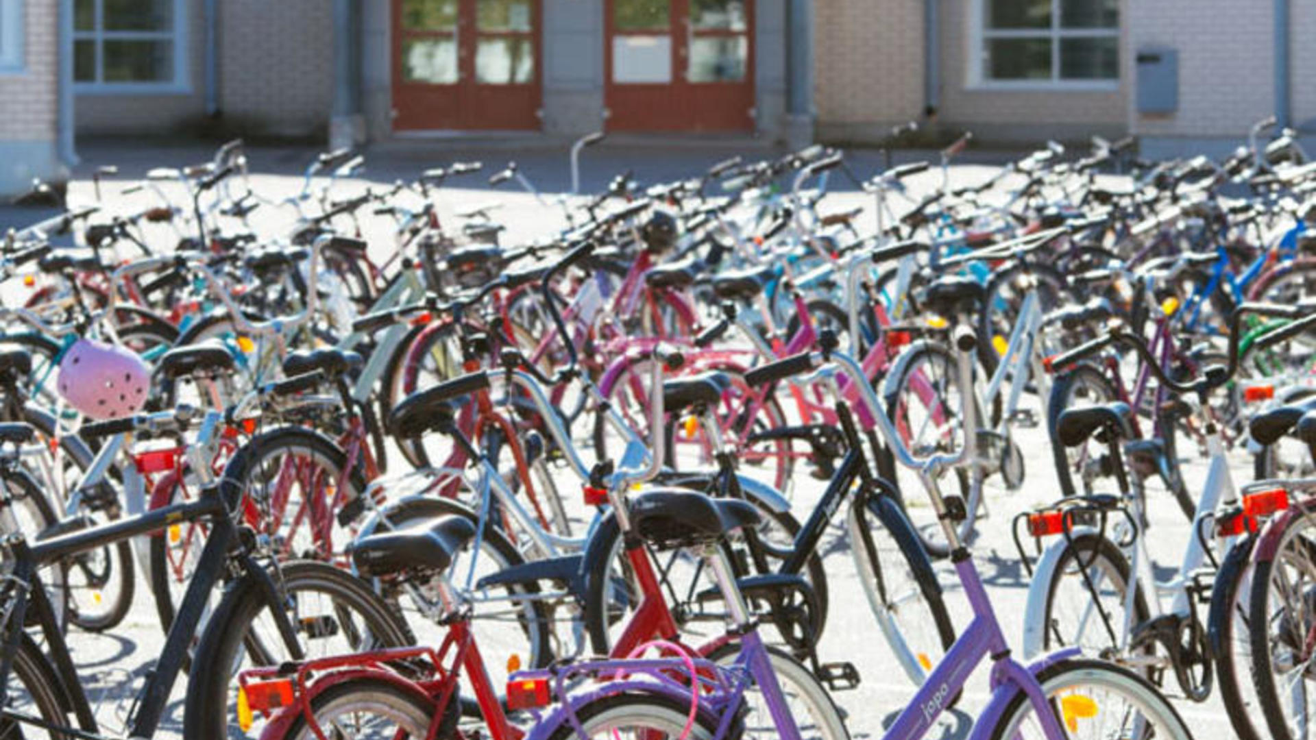 Koulun pihalla paljon polkupyöriä.