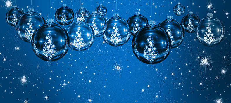 Tunnelmallisen sinisävyisessä kuvassa yläosasta roikkuvat siniset joulupallot.