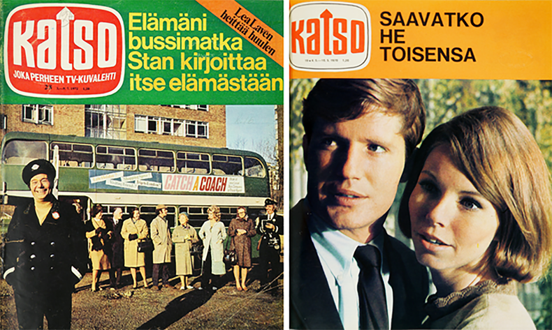 Kaksi 1970-luvun Katso-lehden kantta. Vasemmalla kannessa kuva Mennään bussilla -sarjasta ja oikealla Peyton Place -sarjasta.