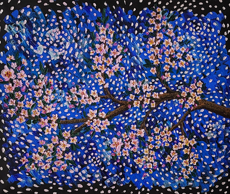 Mariia Maryniakin maalaus. Sinisävyinen, pienet kirsikkapuun kukat oksistossa.