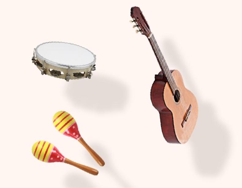 Tamburiini, kitara ja marakassit.