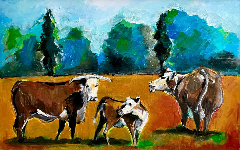 Sami Rahmanin maalaus, jossa on kolme lehmää laitumella.