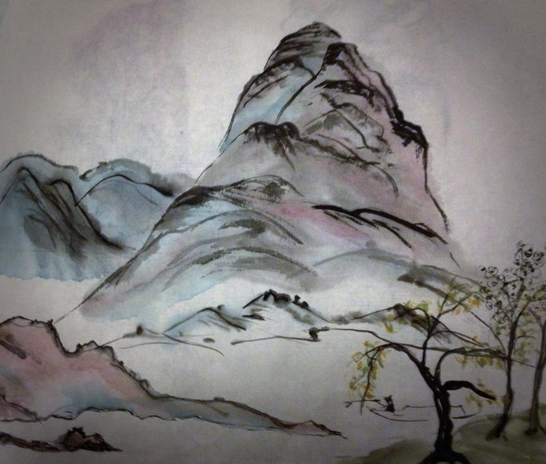 Vuorimaisemasta japanilaistyylisesti maalattuna.