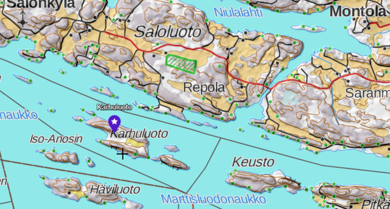 Kartta alueesta, jolla Karhuluoto sijaitsee. Ympärillä pohjoisessa Saloluoto, koillisessa Repola ja kauempana Montola ja Niulalahti. Kaakossa Keusto ja Marttisluodonaukko, etelässä Häviluoto, lounaassa, lännessä Iso-Anosin ja luoteessa Salonkylä. Lisäksi paljon pienempiä saaria. Alueelle ei kulje siltaa. 